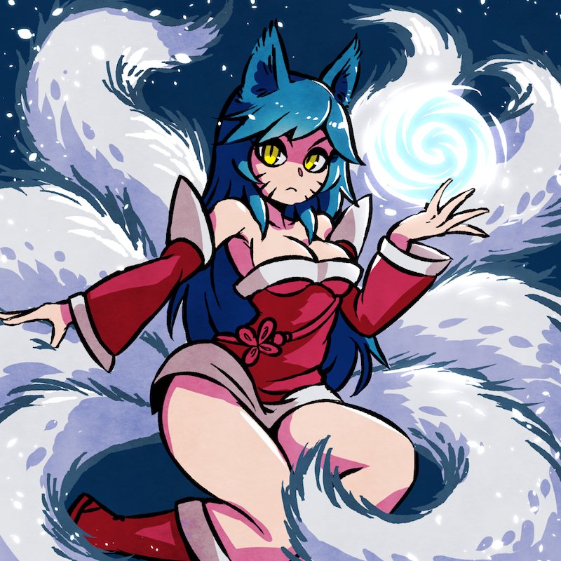 1girl :&lt; ahri akairiot animal_ears black_hair breasts cleavage detached_sleeves energy_ball fox_ears fox_tail korean_clothes league_of_legends long_hair medium_breasts multiple_tails slit_pupils solo tail whisker_markings yellow_eyes