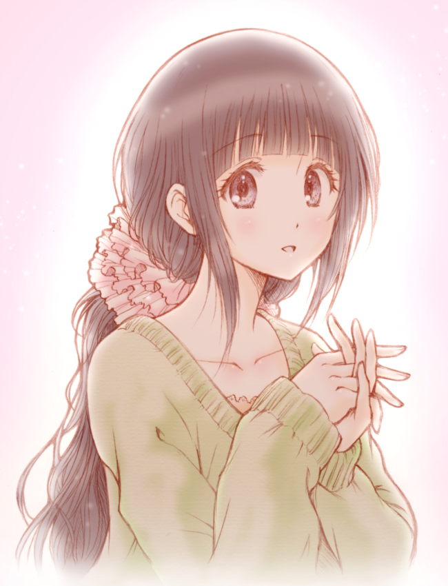 1girl black_hair bluez chitanda_eru gradient gradient_background green_sweater hair_ornament hair_scrunchie hands_clasped hyouka long_hair looking_at_viewer open_mouth pink_background scrunchie smile solo sweater upper_body violet_eyes