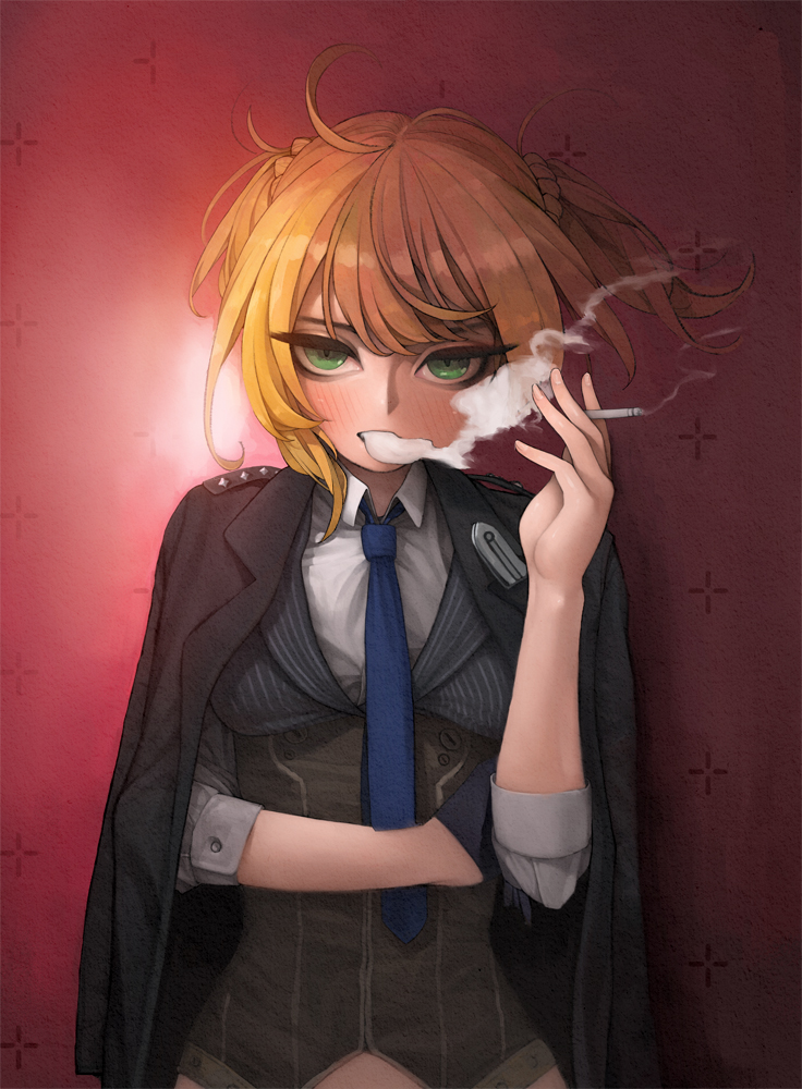 1girl bangs black_gloves black_jacket blonde_hair blue_neckwear blush braid breasts cigarette closed_mouth collared_shirt elbow_sleeve eyebrows_visible_through_hair girls_frontline gloves green_eyes gun half-closed_eyes holding holding_cigarette holster jacket jacket_on_shoulders long_sleeves looking_at_viewer medium_breasts midriff_peek necktie open_clothes open_jacket rabbit_(wlsdnjs950) shirt short_hair sidelocks single_glove skirt smoke_trail smoking solo standing thigh_holster twintails vest weapon welrod_mk2_(girls_frontline)