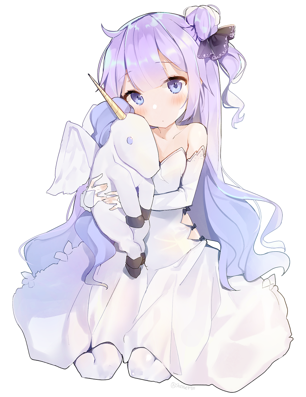1girl artist_name azur_lane bare_shoulders blue_eyes detached_sleeves dress flat_chest highres kurut long_hair looking_at_viewer one_side_up purple_hair simple_background sitting sleeves_past_wrists solo strapless strapless_dress stuffed_animal stuffed_toy unicorn_(azur_lane) wariza white_background white_dress white_legwear