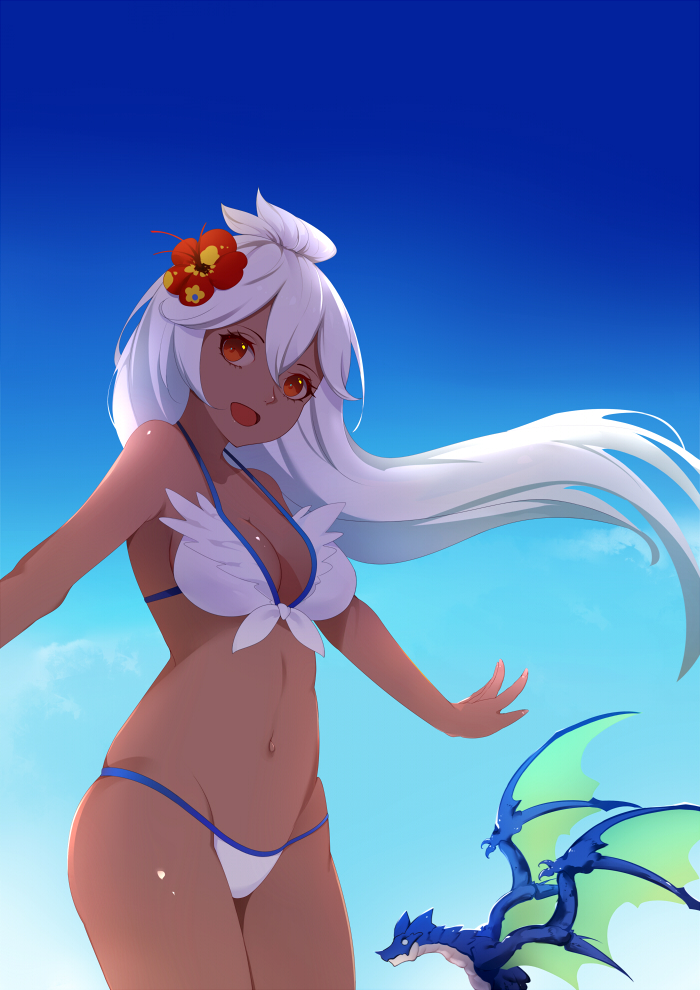 1girl :d bikini breasts clouds commentary_request cowboy_shot dark_skin day dragon floating_hair flower granblue_fantasy groin hair_between_eyes hair_flower hair_ornament halterneck head_tilt hibiscus long_hair medium_breasts navel open_mouth outdoors outstretched_arms red_eyes shito_zhizhen sky smile standing strap_gap swimsuit the_order_grande very_long_hair white_bikini white_hair