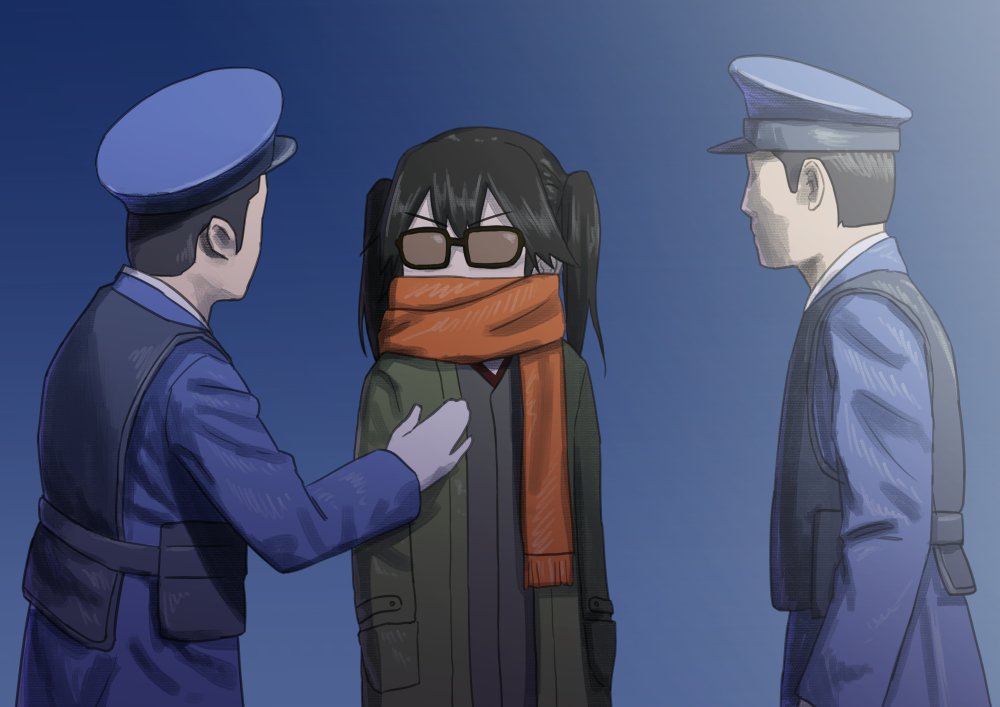 1girl 2boys arrest brown_hair jacket kantai_collection misumi_(niku-kyu) multiple_boys police police_uniform policeman scarf sendai_(kantai_collection) sunglasses twintails uniform