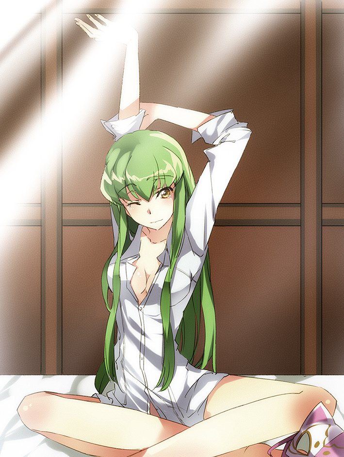 1girl breasts c.c. cleavage code_geass green_hair long_hair mask mask_removed meimi_k sitting solo stretched_limb yellow_eyes