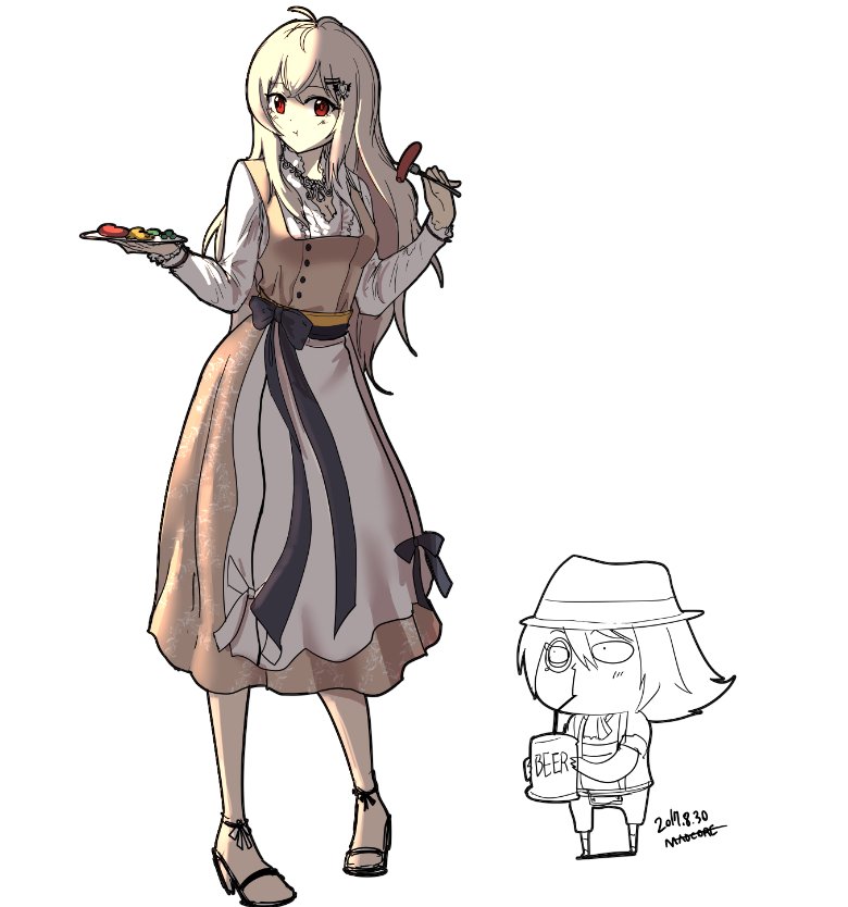 1boy 1girl alcohol alternate_costume artist_name artist_self-insert beer bow collar commander_(girls_frontline) dated dress eating embroidery food fork girls_frontline hair_ornament hairclip hat high_heels holding holding_fork iws-2000_(girls_frontline) long_hair long_sleeves madcore monocle partially_colored plate red_eyes ribbon_trim sash sausage silver_hair straw white_background