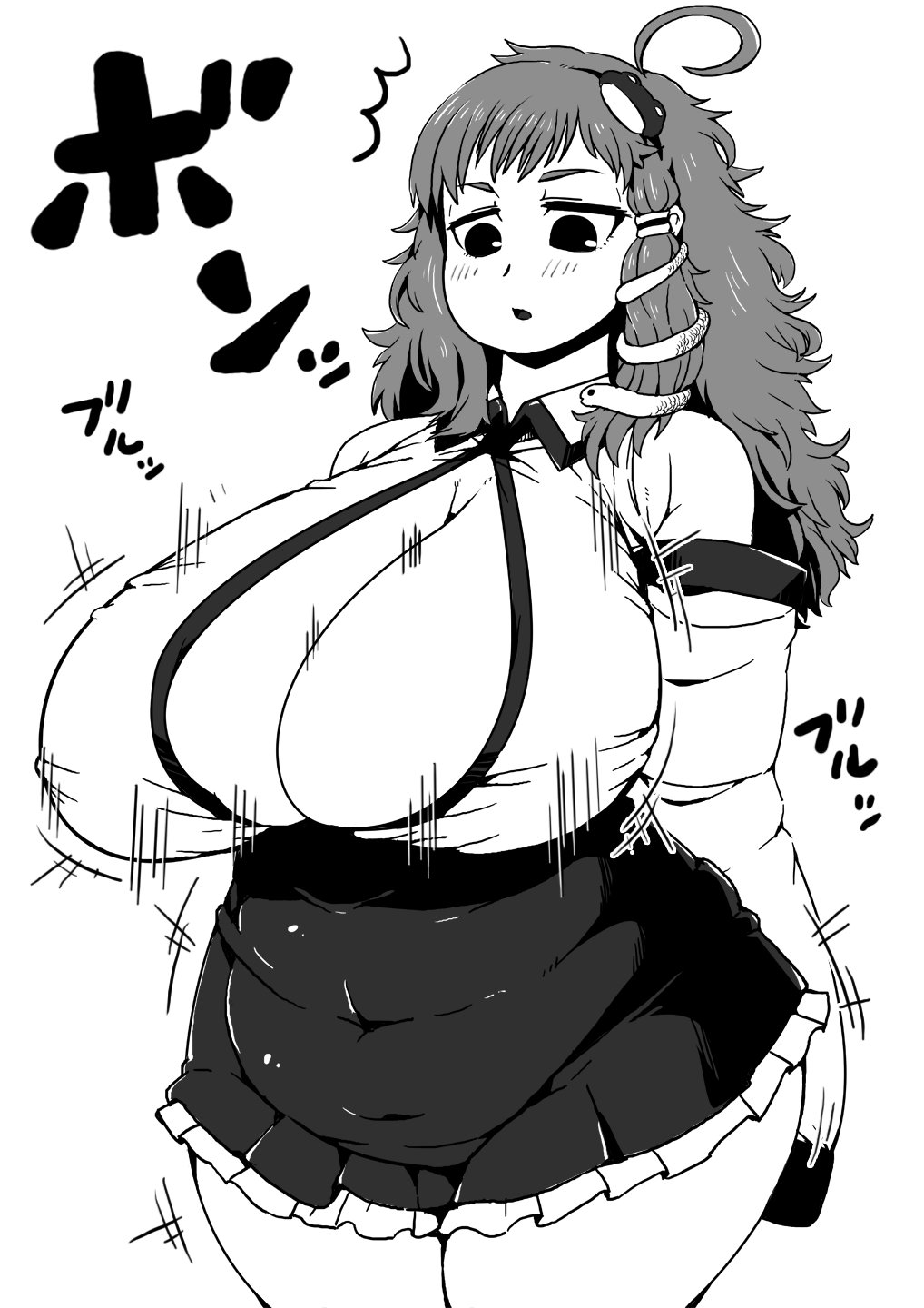 1girl bangs blush breast_expansion breasts cowboy_shot detached_sleeves expressionless fat frog_hair_ornament hair_ornament hair_scrunchie hairband highres huge_breasts ichigo_kotou kochiya_sanae long_hair messy_hair miniskirt monochrome motion_lines open_mouth plump scrunchie shiny shiny_hair shirt short_eyebrows skirt sleeveless sleeveless_shirt snake_hair_ornament solo standing surprised thick_thighs thighs touhou wide_hips