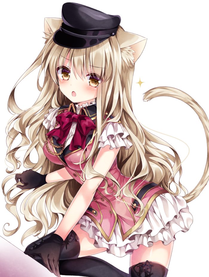 &gt;:o 1girl :o all_fours animal_ears bangs black_footwear black_gloves blonde_hair boots cat_ears cat_tail cross-laced_footwear dutch_angle eyebrows_visible_through_hair frills gloves hair_between_eyes hat long_hair looking_at_viewer nogi_takayoshi open_mouth original peaked_cap short_sleeves sidelocks simple_background skirt solo tail thigh-highs thigh_boots very_long_hair wavy_hair white_background white_skirt yellow_eyes