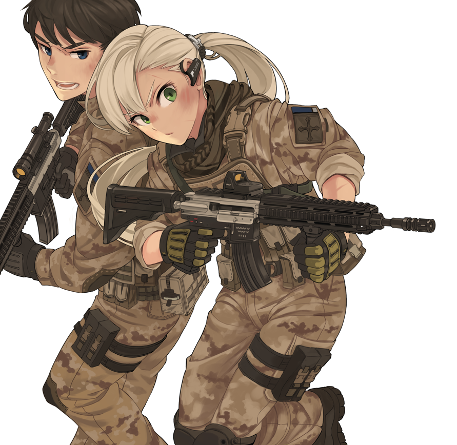 1boy 1girl action assault_rifle belt belt_pouch black_footwear blonde_hair blue_eyes boots brown_hair bruise camouflage closed_mouth desert_pattern dirty earpiece eotech gloves green_eyes gun heckler_&amp;_koch hk416 injury knee_pads load_bearing_vest long_hair military military_uniform multicolored multicolored_clothes multicolored_gloves open_mouth original ponytail pouch rifle scope serious sin_gun_woo sleeves_rolled_up thigh_strap trigger_discipline uniform weapon white_background