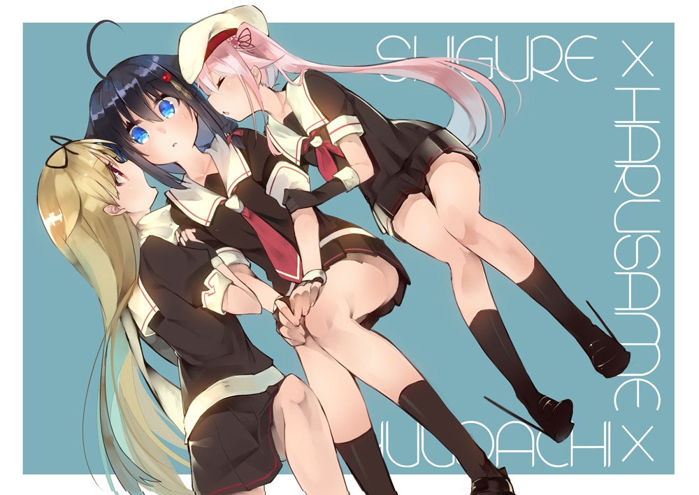 3girls ahoge bangs beret black_footwear black_gloves black_hair black_legwear black_ribbon black_serafuku black_shirt black_skirt blue_background blue_eyes bow braid character_name chig closed_eyes collarbone commentary_request dot_nose dutch_angle eyebrows_visible_through_hair eyelashes eyes_visible_through_hair facing_another female fingerless_gloves flower from_side girl_sandwich gloves gradient_hair hair_between_eyes hair_bow hair_flaps hair_flower hair_ornament hair_over_shoulder hair_ribbon hand_on_another's_arm hand_on_another's_shoulder hands_on_own_knees hands_up harusame_(kantai_collection) hat incipient_kiss invisible_chair kantai_collection kneehighs knees_together_feet_apart leaning_on_person leaning_to_the_side light_blue_hair loafers long_hair looking_at_another looking_at_viewer miniskirt multicolored_hair multiple_girls neckerchief necktie open_mouth outside_border parted_lips pink_hair pleated_skirt puffy_short_sleeves puffy_sleeves raised_eyebrows red_bow red_eyes red_neckwear remodel_(kantai_collection) ribbon sandwiched scarf school_uniform serafuku shigure_(kantai_collection) shiny shiny_hair shirt shoes short_sleeves side_ponytail single_braid sitting skirt sleeve_cuffs surprised two-tone_hair very_long_hair white_hat white_scarf yuri yuudachi_(kantai_collection)