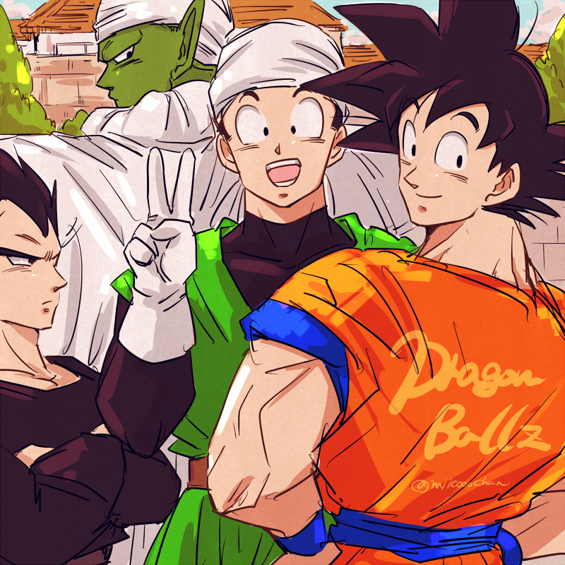 4boys :d back_turned black_eyes black_hair black_shirt cape copyright_name crossed_arms dougi dragon_ball dragonball_z father_and_son gloves green_skin hand_on_hip happy looking_at_viewer looking_away looking_back male_focus miiko_(drops7) multiple_boys open_mouth piccolo pointy_ears serious shirt smile son_gohan son_gokuu turban twitter_username v vegeta wristband