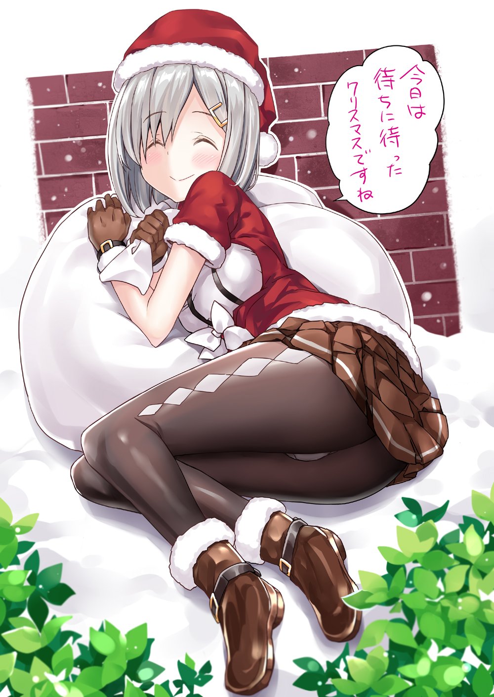 1girl adapted_costume alternate_costume ass bag breasts brick_wall brown_footwear brown_gloves brown_skirt bulbonne bush closed_eyes closed_mouth eyebrows_visible_through_hair full_body gloves hair_ornament hairclip hamakaze_(kantai_collection) hat highres kantai_collection leaf looking_at_viewer lying medium_breasts on_side outdoors pantyhose pleated_skirt red_shirt santa_hat shirt short_hair short_sleeves silver_hair skirt smile snow solo striped striped_skirt translation_request