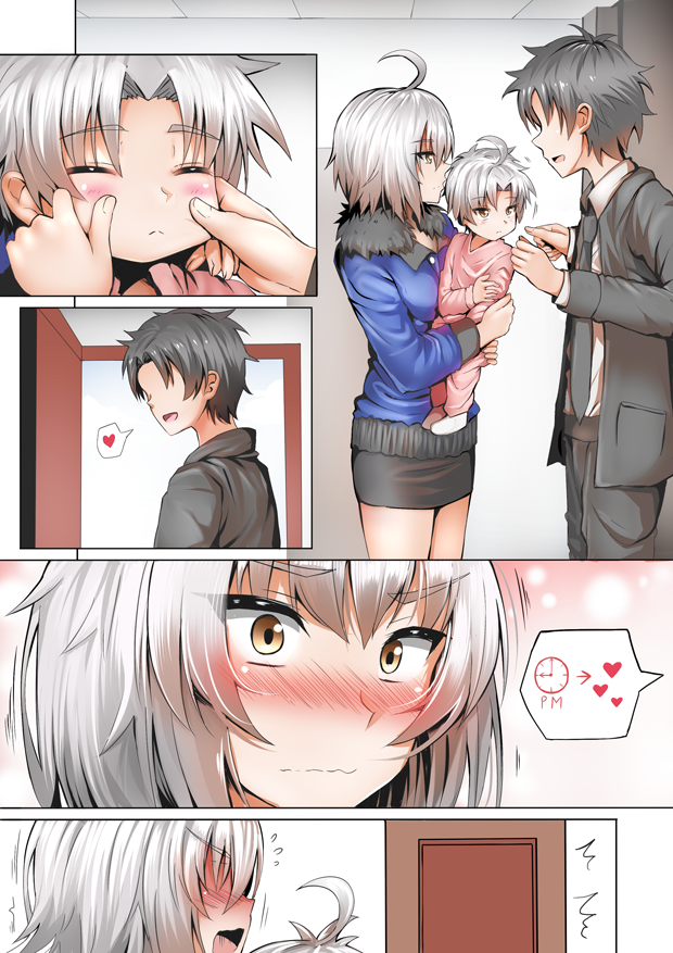 1boy 2girls ahoge androgynous baby black_hair blush cheek_pinching comic commentary_request fate/grand_order fate_(series) fujimaru_ritsuka_(male) ginhaha heart if_they_mated jeanne_alter mother_and_daughter multiple_girls pinching ruler_(fate/apocrypha) short_hair silent_comic silver_hair spoken_heart