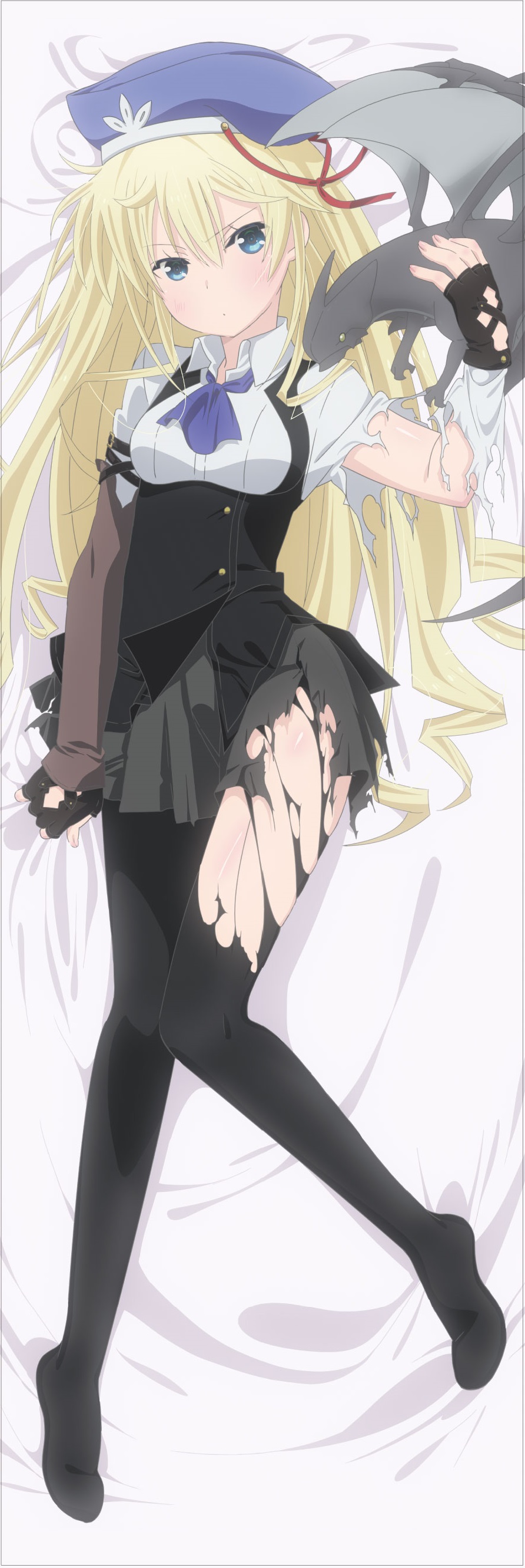 1girl absurdres bed_sheet black_gloves black_legwear black_skirt blonde_hair blue_eyes blue_hat blue_neckwear charlotte_belew dakimakura dragon eyebrows_visible_through_hair feet fingerless_gloves from_above gloves hair_between_eyes hat highres long_hair lying machine-doll_wa_kizutsukanai miniskirt neckerchief no_shoes official_art on_back pantyhose pleated_skirt shirt skirt solo torn_clothes torn_pantyhose torn_shirt torn_skirt very_long_hair white_shirt