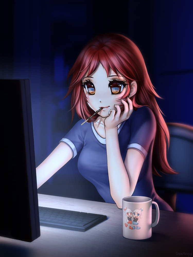 1girl arm_support bangs blush breasts brown_eyes chair closed_mouth coffee_mug computer computer_keyboard cuphead cuphead_(game) dark_background food genderswap gigamessy gijinka hand_on_own_cheek indoors lips long_hair medium_breasts mouth_hold mugman original parted_bangs pocky purple_shirt redhead reflection reflective_eyes shirt short_sleeves sitting smile solo table tareme upper_body