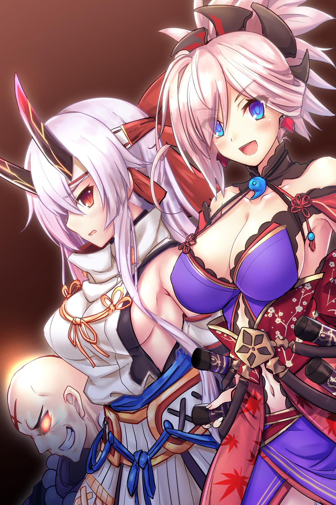 &gt;:d 1boy 2girls :d armor armpit_peek armpits bangs bare_shoulders blue_eyes blush breasts cleavage collarbone commentary_request detached_sleeves dress earrings eyebrows_visible_through_hair eyes_visible_through_hair fate/grand_order fate_(series) floral_print hair_between_eyes hair_ornament hair_ribbon hand_on_hilt headband high_collar highres horns hozoin_inshun_(fate/grand_order) japanese_armor japanese_clothes jewelry kusazuri large_breasts leaf_print long_hair looking_at_viewer magatama maple_leaf_print medium_breasts miyamoto_musashi_(fate/grand_order) multiple_girls navel obi oni_horns open_mouth pink_hair ponytail print_obi purple_dress red_eyes red_ribbon ribbon samoore sash sheath sheathed short_hair side_glance sideboob sidelocks simple_background slit_pupils smile swept_bangs tassel tomoe_gozen_(fate/grand_order) white_background