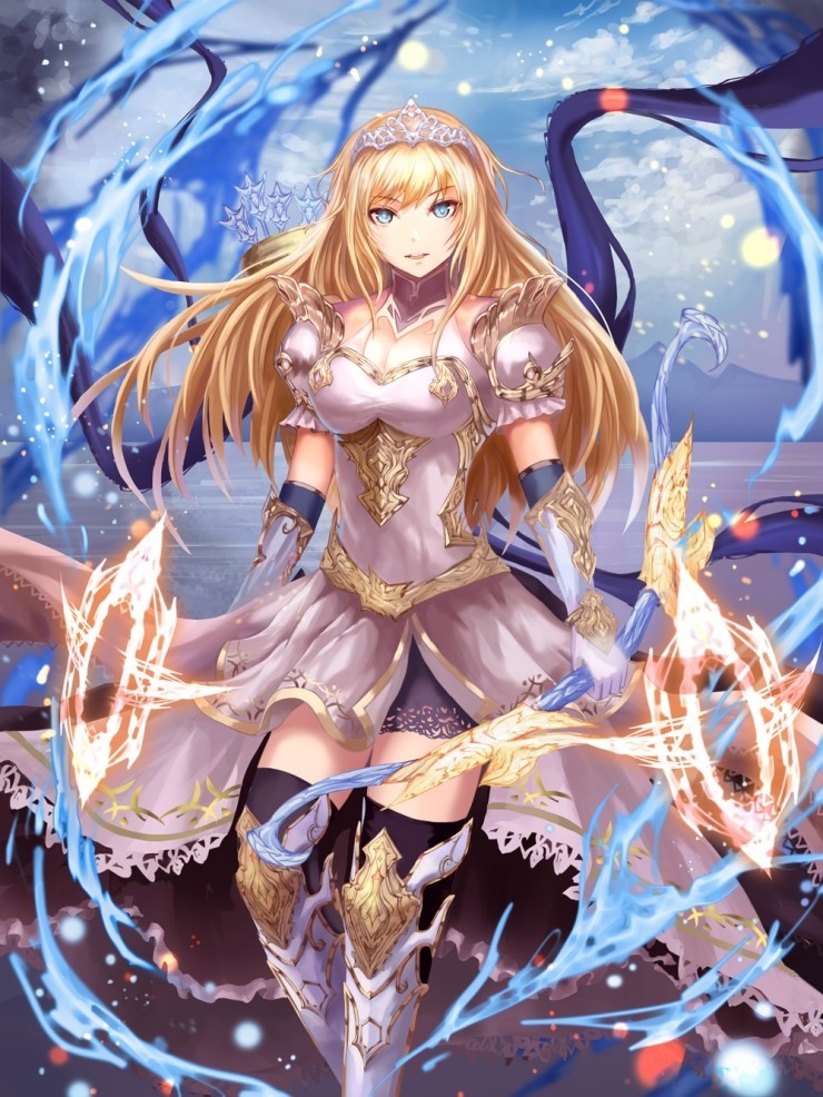 1girl black_legwear blonde_hair blue_eyes blue_sky bow_(weapon) breasts day dew_(7302235) dress elbow_gloves gloves long_hair looking_at_viewer medium_breasts outdoors quiver snowing standing sword thigh-highs tiara weapon white_dress white_gloves