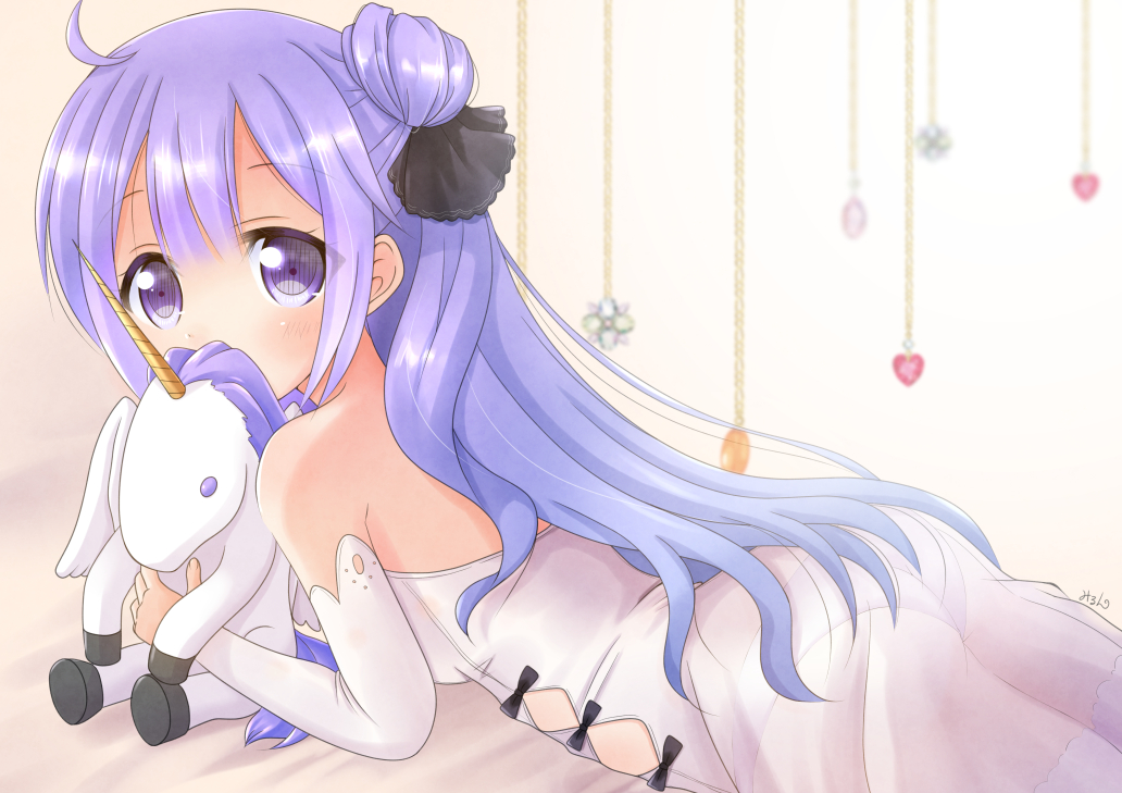 1girl ahoge ass azur_lane bed_sheet blurry commentary_request covering_mouth depth_of_field detached_sleeves dress hair_bun hair_ribbon long_hair looking_at_viewer lying mirun_(funimani) off-shoulder_dress off_shoulder on_stomach purple_hair ribbon solo stuffed_animal stuffed_toy stuffed_unicorn unicorn_(azur_lane) violet_eyes white_dress