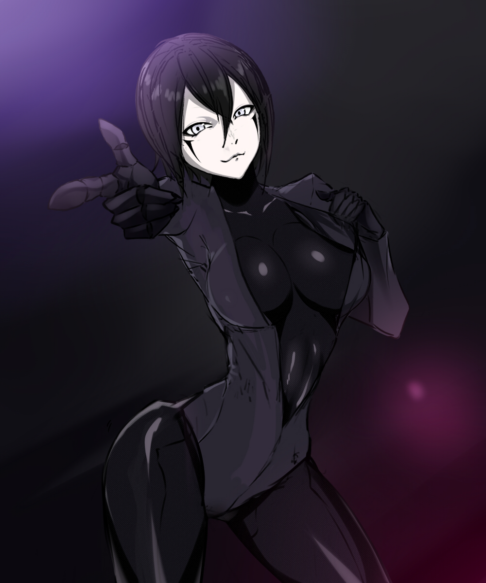 1girl :3 black_hair blame! breasts contrapposto cyborg finger_gun grey_eyes hair_between_eyes highres large_breasts looking_at_viewer robot_joints sanakan short_hair shoujo_donburi solo white_eyes