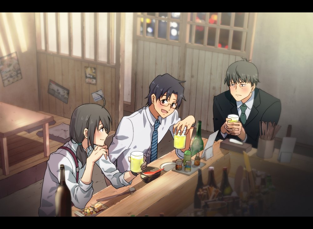 3boys ahoge bar black_hair business_suit chopsticks formal glasses idolmaster idolmaster_(classic) idolmaster_cinderella_girls idolmaster_side-m male_focus multiple_boys necktie producer_(idolmaster_anime) producer_(idolmaster_cinderella_girls_anime) producer_(idolmaster_side-m) sitting smile striped_neckwear suit table