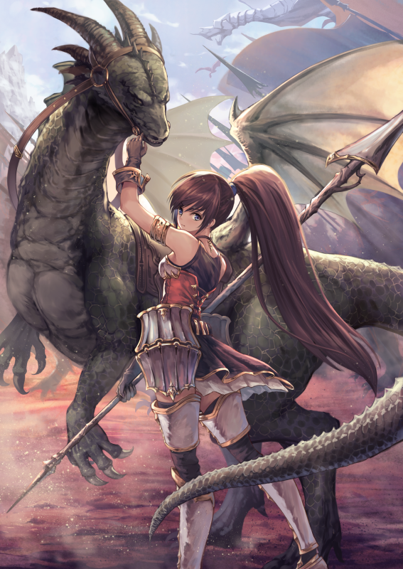 1girl armlet armpits bangs bare_shoulders blue_eyes boots brown_hair closed_mouth dragon dress fantasy high_ponytail holding holding_spear holding_weapon long_hair looking_at_viewer original ouka_(ra-raradan) polearm red_dress spear standing thigh-highs thigh_boots weapon