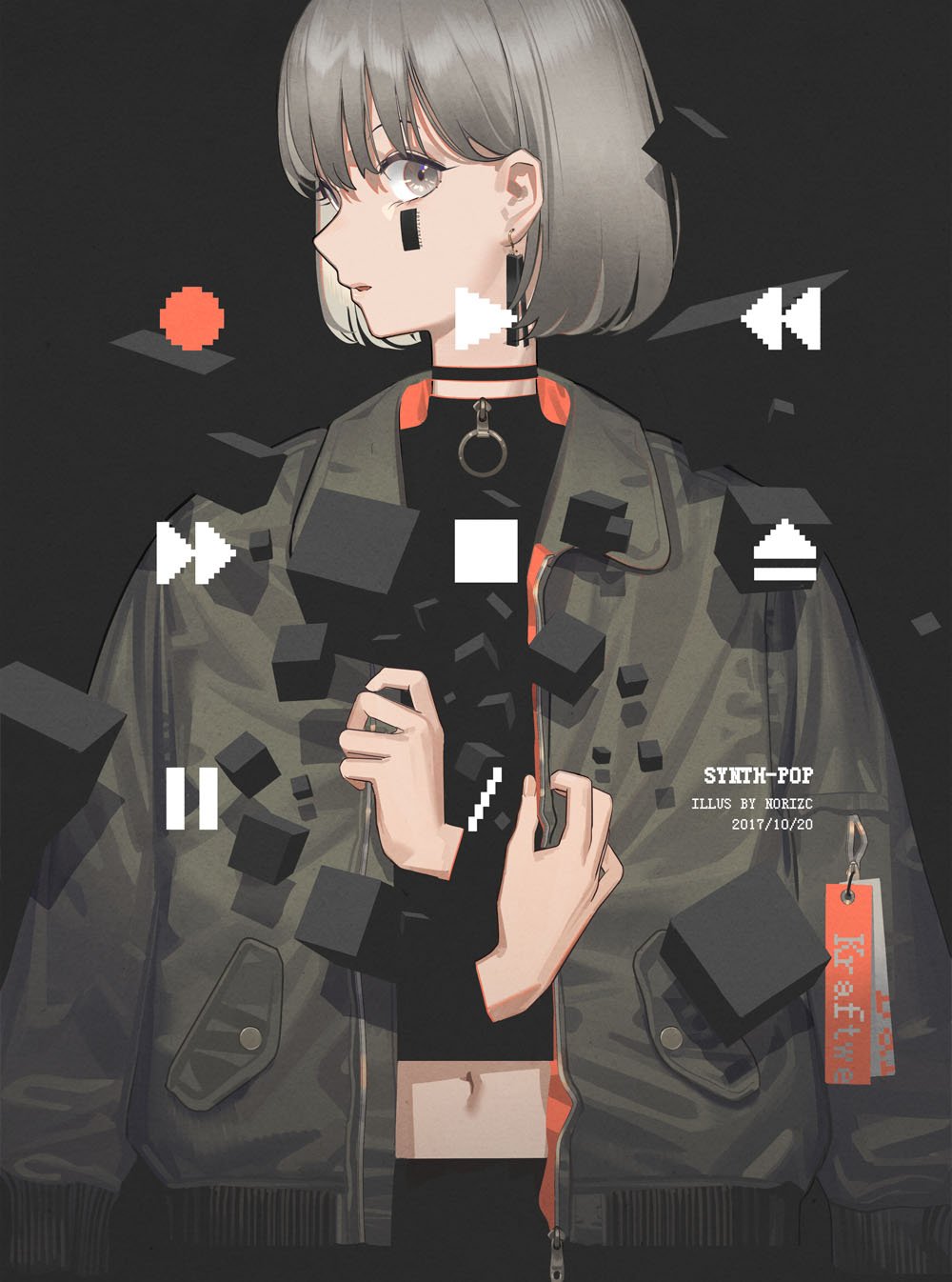 1girl abstract artist_name bangs barcode black_background black_shirt blunt_bangs bob_cut commentary dated english facial_mark grey_eyes grey_hair grey_jacket highres jacket jacket_on_shoulders long_sleeves looking_at_viewer looking_to_the_side midriff navel parted_lips play_button shirt simple_background solo standing zicai_tang