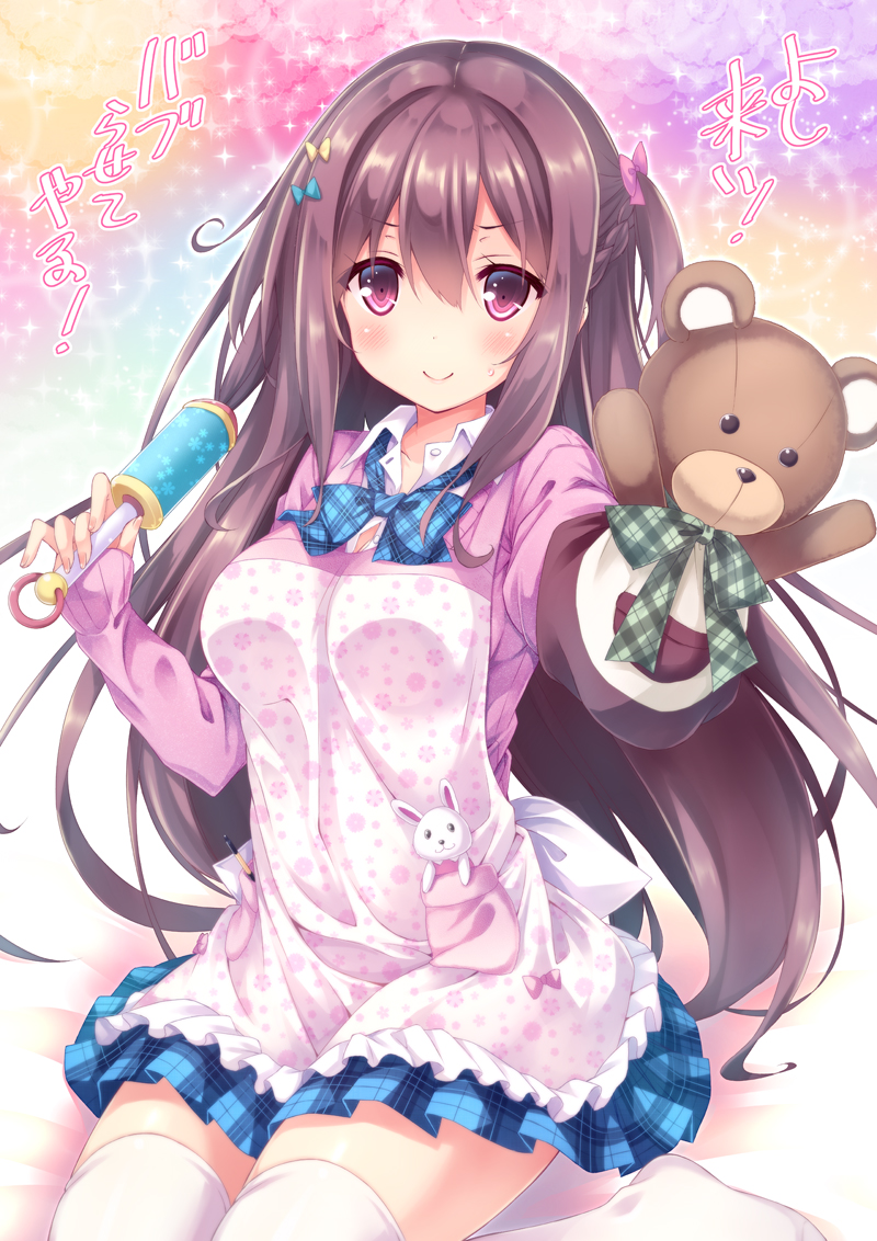 1girl apron brown_eyes brown_hair cardigan hand_puppet long_hair looking_at_viewer original pleated_skirt puppet ryo sitting skirt solo thigh-highs