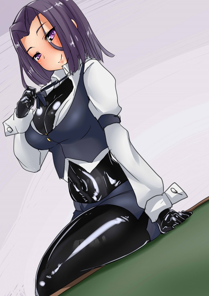 1girl alternate_costume arm_strap arm_support ayuayu_(shouyu_no_sato) blush bodysuit bodysuit_under_clothes bow bowtie breasts cleavage closed_mouth cosplay cropped_vest croupier dutch_angle kantai_collection latex lavender_background lips long_sleeves looking_at_viewer navel open_clothes open_shirt pencil_skirt purple_hair rio_rollins rio_rollins_(cosplay) shirt sitting_on_table skin_tight skirt solo super_blackjack table tatsuta_(kantai_collection) thighs vest violet_eyes