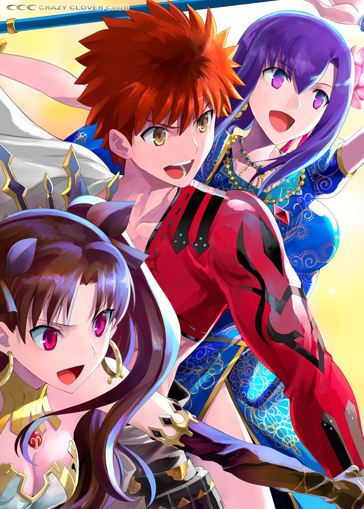 1boy 2girls abs anklet bare_shoulders black_hair breasts cape crown earrings emiya_shirou fate/grand_order fate/stay_night fate_(series) flower hair_flower hair_ornament hair_ribbon hoop_earrings igote indian_clothes ishtar_(fate/grand_order) jewelry large_breasts limited/zero_over long_hair matou_sakura multiple_girls neck_ring necklace parvati_(fate/grand_order) polearm purple_hair red_eyes redhead ribbon shirotsumekusa smile tohsaka_rin two_side_up violet_eyes weapon yellow_eyes