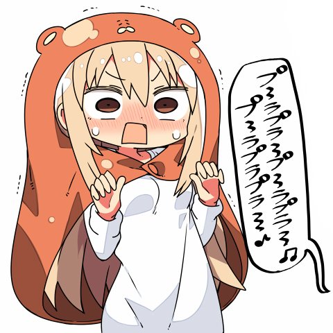 1girl blonde_hair blush brown_eyes doma_umaru hamster_costume himouto!_umaru-chan kanikama komaru long_hair lowres open_mouth scared simple_background solo speech_bubble translation_request white_background