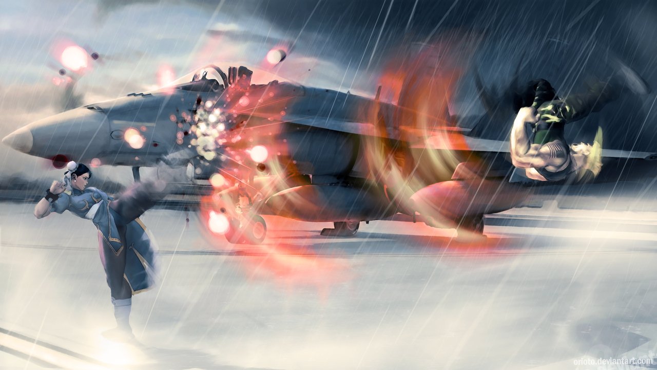 aircraft airplane american_flag battle boots camouflage chinese_clothes chun-li commentary energy epic f-18_hornet fake_screenshot fighter_jet flying_kick gameplay_mechanics guile jet kicking martial_arts military military_vehicle motion_blur orioto realistic street_fighter street_fighter_ii_(series) street_fighter_iv_(series) tattoo