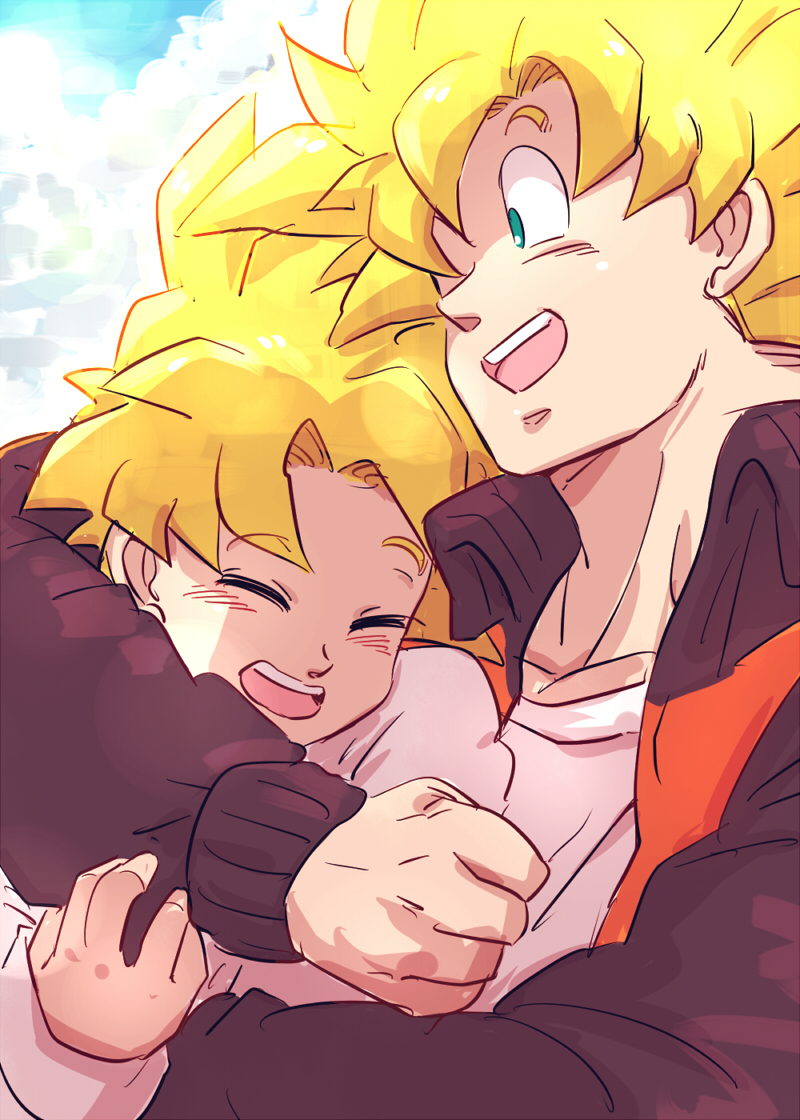 2boys aqua_eyes blonde_hair closed_eyes clouds cloudy_sky dragon_ball dragonball_z eyebrows_visible_through_hair father_and_son happy hug jacket looking_at_another male_focus miiko_(drops7) multiple_boys open_mouth sky smile son_gohan son_gokuu spiky_hair super_saiyan