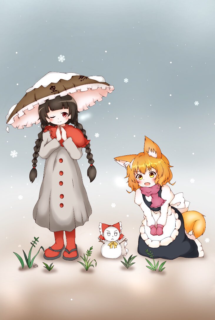&gt;:d 2girls :d ;) ajirogasa animal_ears apron bangs black_dress blonde_hair blunt_bangs blush bow braid brown_hat capelet closed_mouth clothes_writing commentary_request dress eyebrows_visible_through_hair fox_ears fox_tail frilled_hat frills full_body gloves grass grey_dress hakurei_reimu hat jitome juliet_sleeves kemonomimi_mode kirisame_marisa kneeling long_dress long_hair long_sleeves marikichi_aniki multiple_girls one_eye_closed open_mouth own_hands_together pinafore_dress pink_gloves pink_scarf puffy_sleeves red_bow red_eyes red_legwear sandals scarf short_hair smile snow snowflakes snowing socks standing stick tail tareme touhou twin_braids waist_apron white_apron yatadera_narumi yellow_bow yellow_eyes youkai_fox_(wild_and_horned_hermit)