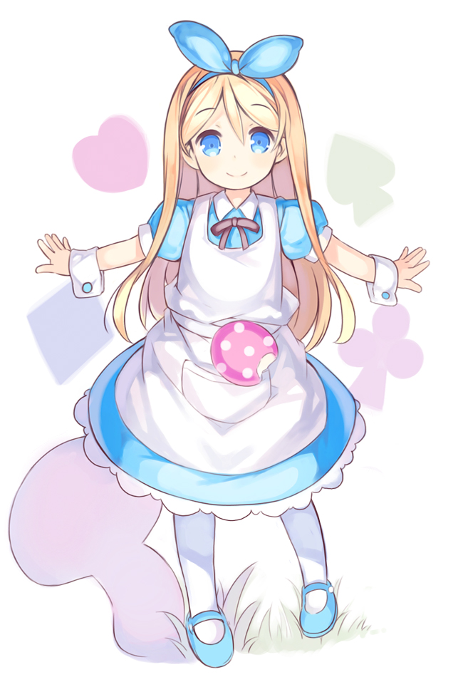 1girl alice_(wonderland) alice_in_wonderland apron bangs blonde_hair blue_dress blue_eyes blue_footwear blue_hairband blue_ribbon blush closed_mouth club_(shape) collared_dress diamond_(shape) dress eyebrows_visible_through_hair full_body hair_between_eyes hair_ribbon hairband heart kurasuke long_hair looking_at_viewer mary_janes original outstretched_arms pantyhose pocket puffy_sleeves ribbon shoes smile solo spade_(shape) spread_arms standing very_long_hair white_apron white_background white_legwear wrist_cuffs