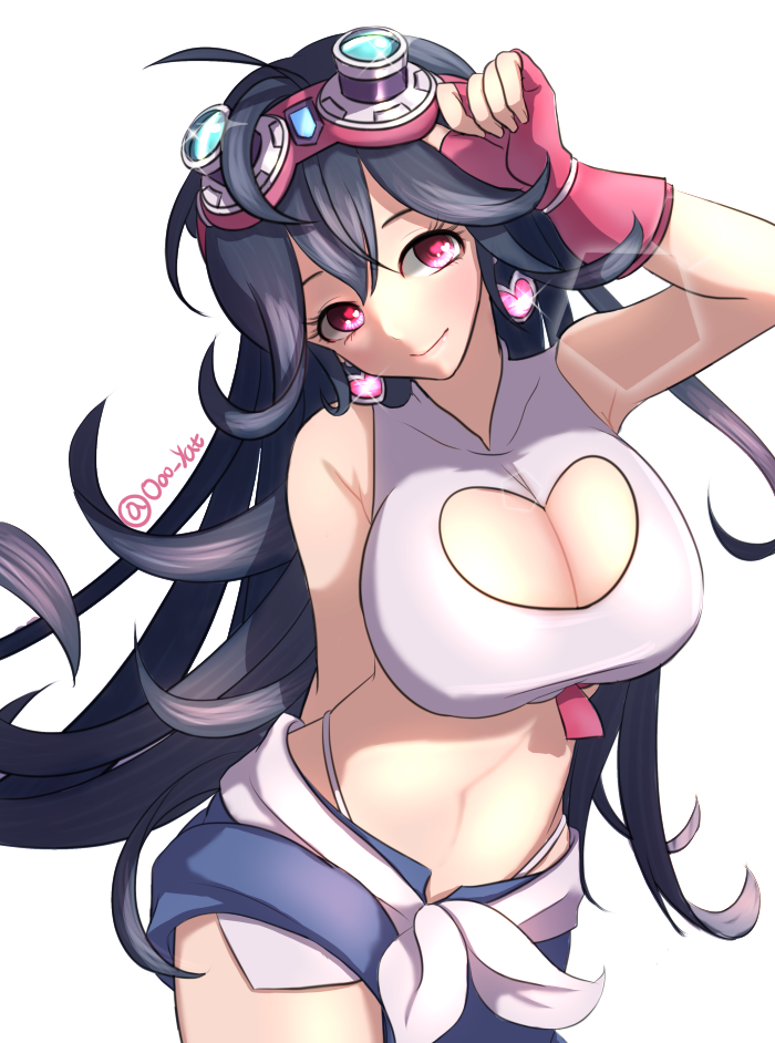 1girl black_hair blush breasts character_request cleavage cleavage_cutout closed_mouth denim denim_shorts earrings eyebrows fingerless_gloves gloves goggles goggles_on_head heart heart-shaped_pupils heart_earrings jewelry large_breasts long_hair looking_at_viewer maplestory_2 navel o_yat pink_eyes red_gloves shorts smile solo symbol-shaped_pupils thong twitter_username