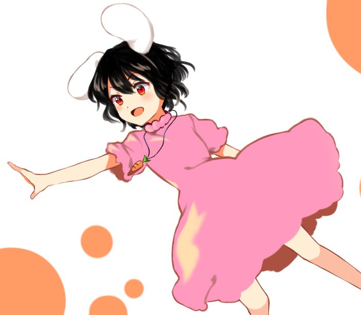&gt;:d 1girl :d animal_ears black_hair blush carrot_necklace dress inaba_tewi open_mouth outstretched_hand pink_dress rabbit_ears red_eyes short_hair smile touhou wavy_hair yururi_nano