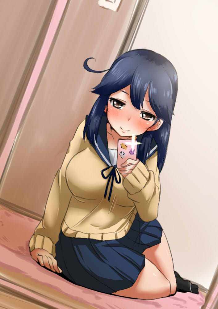 1girl ahoge alternate_costume arm_support ayuayu_(shouyu_no_sato) black_ribbon blue_hair blush breasts camera_flash cellphone closed_mouth indoors kantai_collection large_breasts lips long_hair looking_at_viewer lying mirror no_shoes on_side phone ribbon rug school_uniform self_shot skirt smartphone smile socks solo sticker thighs ushio_(kantai_collection)