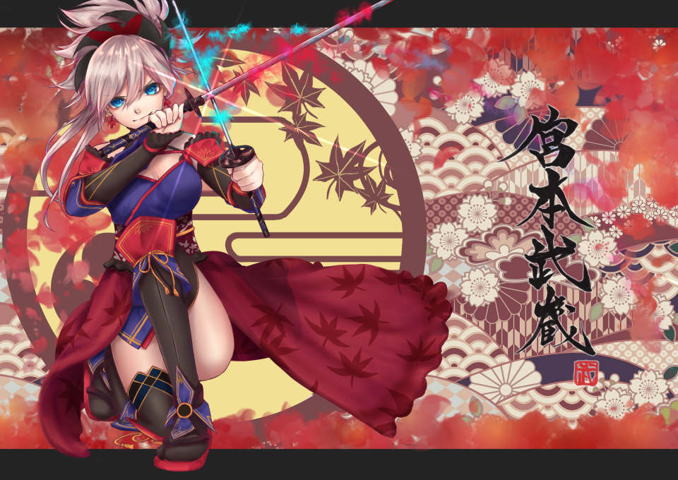 1girl blue_eyes blush breasts detached_sleeves earrings fate/grand_order fate_(series) hair_ornament japanese_clothes jewelry katana kimono large_breasts looking_at_viewer miyamoto_musashi_(fate/grand_order) pink_hair ponytail sash smile solo sword thigh-highs weapon yuurei447
