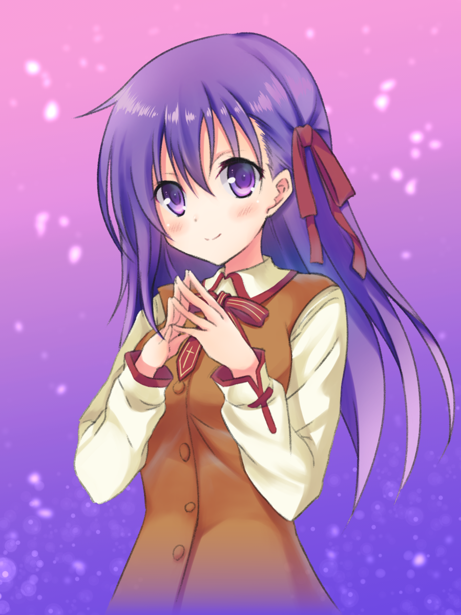 1girl bangs blush breasts brown_vest closed_mouth collared_shirt fate/stay_night fate_(series) fingers_together gradient gradient_background hair_between_eyes hair_ribbon highres light_particles long_hair long_sleeves looking_at_viewer matou_sakura purple_background purple_hair red_ribbon ribbon shirt smile solo tareme upper_body vest violet_eyes white_shirt wing_collar yuu_ms1974
