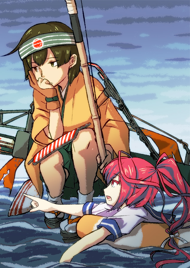 2girls ahoge arrow bow_(weapon) brown_eyes brown_hair chin_rest commentary_request day flight_deck gloves green_hakama hair_ribbon hakama hakama_skirt headband hiryuu_(kantai_collection) i-168_(kantai_collection) innertube iwana japanese_clothes kantai_collection kimono long_hair long_sleeves looking_away looking_to_the_side machinery multiple_girls ocean open_mouth orange_kimono partially_submerged partly_fingerless_gloves pink_hair pointing ponytail quiver redhead remodel_(kantai_collection) ribbon rigging rudder_shoes school_uniform serafuku shaded_face short_hair short_sleeves sky squatting tabi torn_clothes water weapon yugake