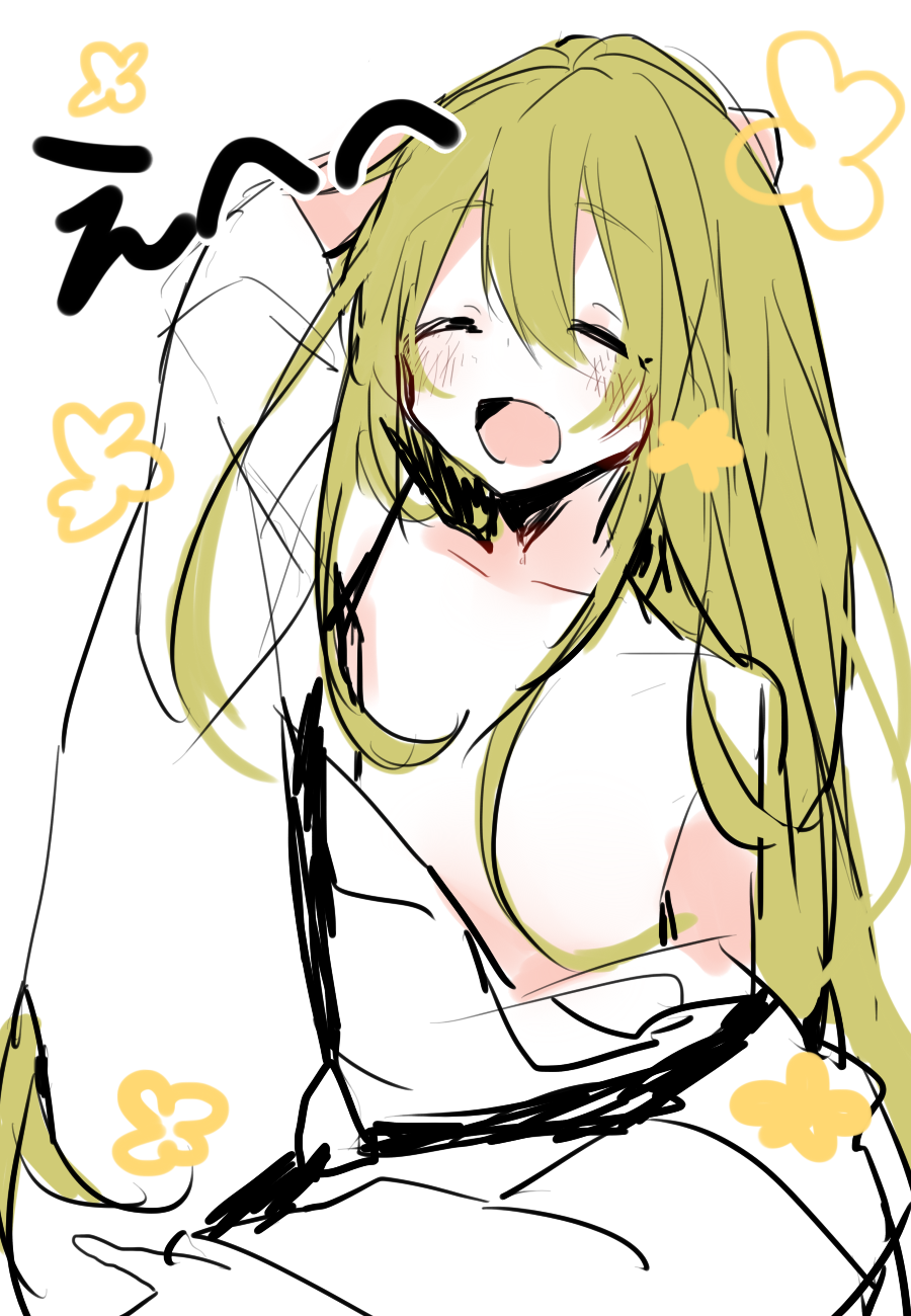 1boy blush enkidu_(fate/strange_fake) fate_(series) green_eyes green_hair happy highres open_mouth scratching_head sketch smile solo white_background