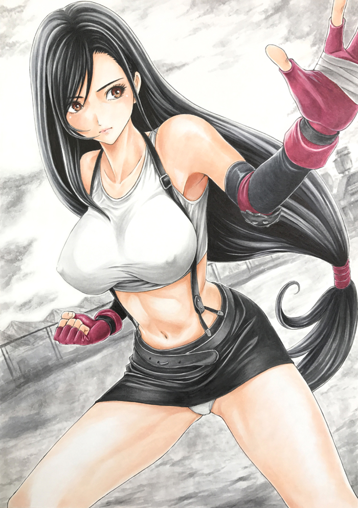 1girl armpit_peek bare_legs bare_shoulders black_hair breasts brown_eyes clenched_hand closed_mouth collarbone colored_pencil_(medium) cowboy_shot dutch_angle elbow_gloves elbow_pads erect_nipples fighting_stance final_fantasy final_fantasy_vii fingerless_gloves gloves grey_background hand_up kinako_korone large_breasts lips long_hair looking_to_the_side low-tied_long_hair marker_(medium) midriff miniskirt navel outdoors panties pencil_skirt skirt solo standing stomach suspender_skirt suspenders tank_top taut_clothes tifa_lockhart toned traditional_media underwear white_panties