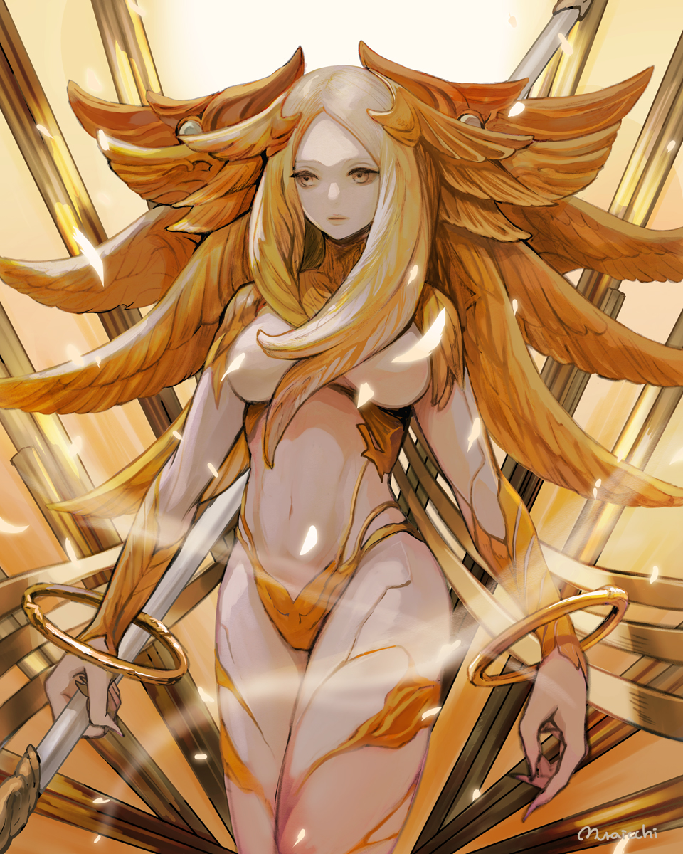 1girl angel_wings artist_name backlighting blonde_hair bracelet closed_mouth cowboy_shot cracked_skin expressionless feathered_wings feathers final_fantasy final_fantasy_xiv fingernails gold_trim head_wings highres holding holding_weapon jewelry lips long_hair monster_girl multiple_wings muraicchi_(momocchi) navel no_eyebrows no_nipples polearm seraph sharp_fingernails sin_eater_(ff14) solo tareme weapon white_skin wings yellow_eyes