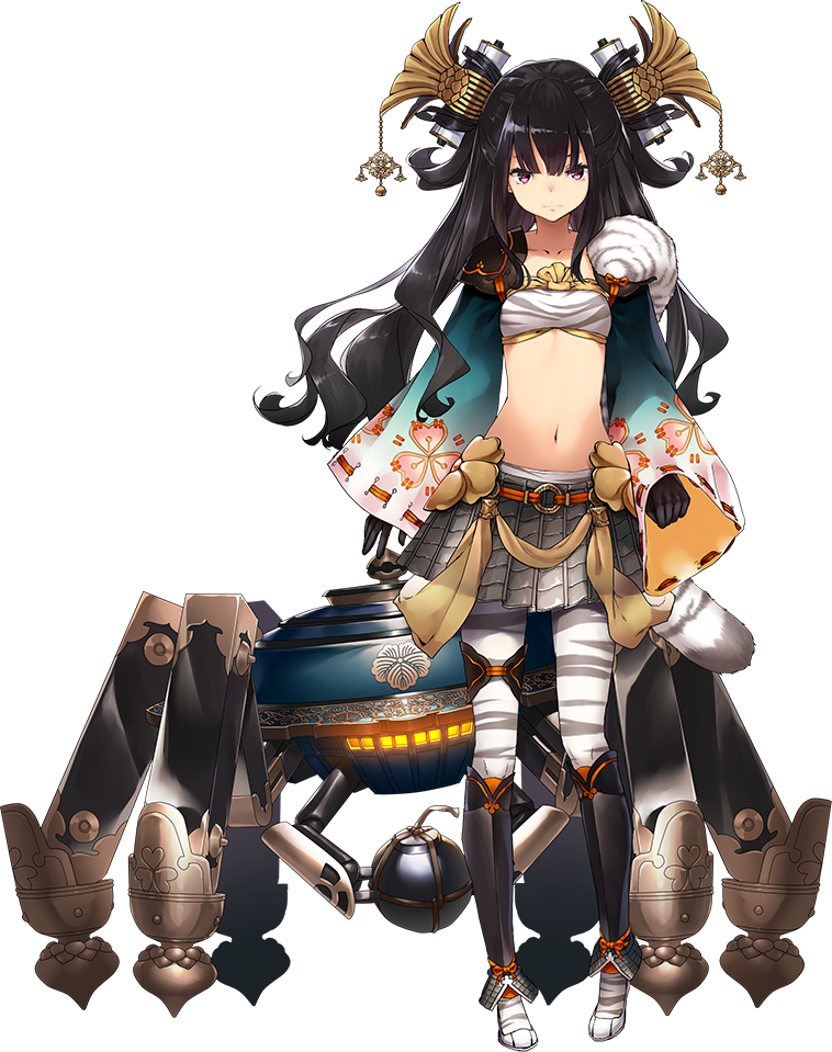 1girl artist_request bangs black_hair blunt_bangs bomb flat_chest full_body gloves hair_ornament long_hair midriff navel official_art oshiro_project oshiro_project_re pantyhose pleated_skirt shigisan_(oshiro_project) skirt transparent_background violet_eyes wavy_hair white_gloves