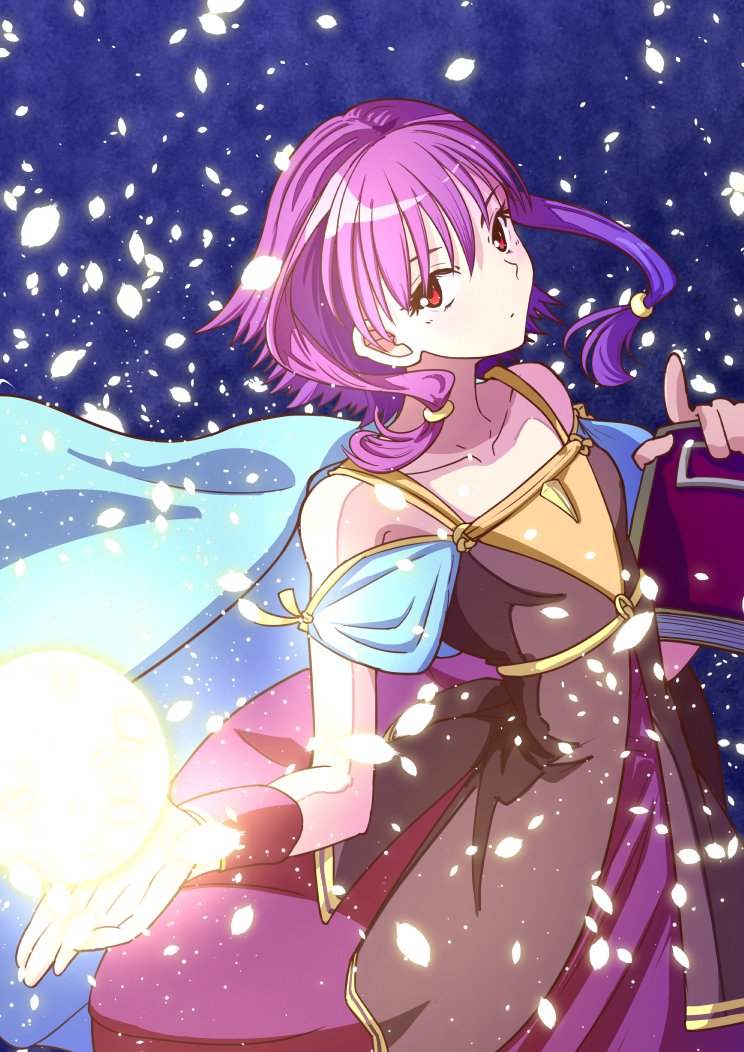 1girl boo_cipher book braid cape fire_emblem fire_emblem:_seima_no_kouseki holding holding_book looking_at_viewer lute_(fire_emblem) purple_hair red_eyes snow snowflakes snowing solo