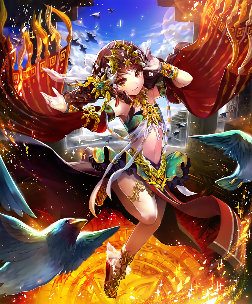 1girl anklet artist_request bird bracelet braid brown_eyes brown_hair cygames dancer detached_sleeves gold gold_trim hair_ornament jewelry light_smile lorea_dancer_of_the_sun navel necklace official_art shadowverse shingeki_no_bahamut sky thigh-highs twin_braids