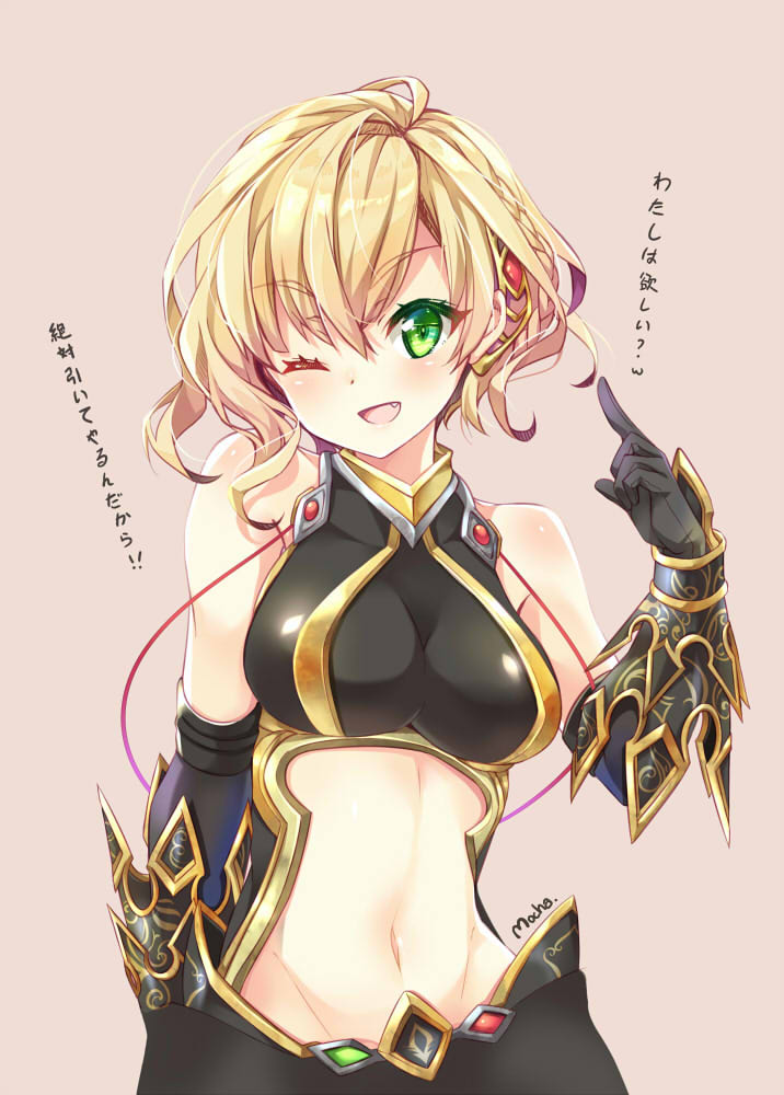 1girl ;d ahoge bangs bare_shoulders black_gloves blonde_hair blush breasts charlotte_(shironeko_project) elbow_gloves fang gloves green_eyes hair_ornament looking_at_viewer medium_breasts mocha_(naturefour) navel one_eye_closed open_mouth shironeko_project short_hair smile solo stomach translation_request upper_body
