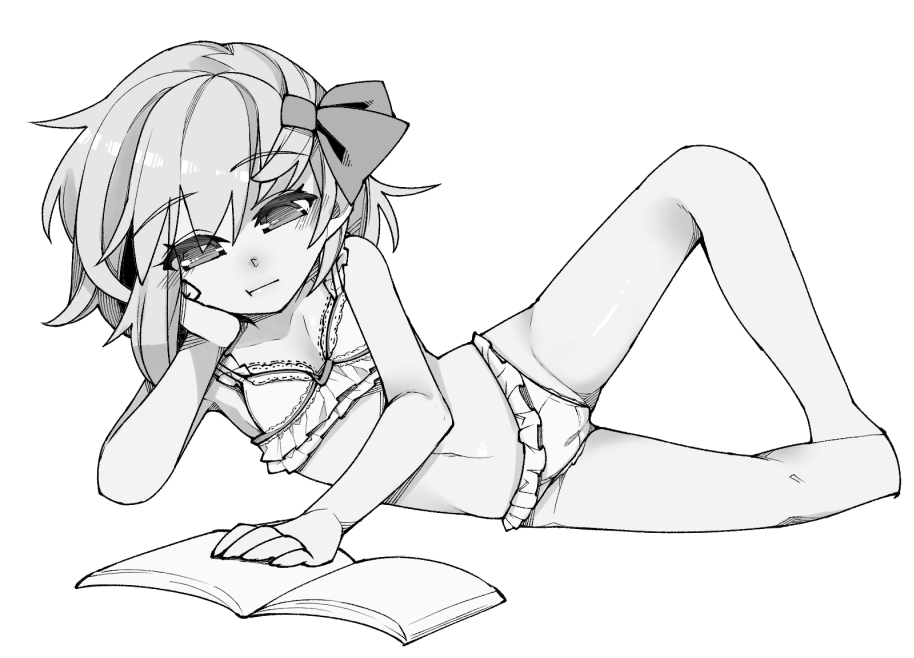 1girl :t bangs bare_arms bare_legs blush book bow bra closed_mouth eyebrows_visible_through_hair frilled_bra frilled_panties frills greyscale groin hair_bow hand_on_own_cheek lying monochrome navel on_side open_book panties reading rumia shamo_(koumakantv) short_hair simple_background solo touhou underwear underwear_only white_background