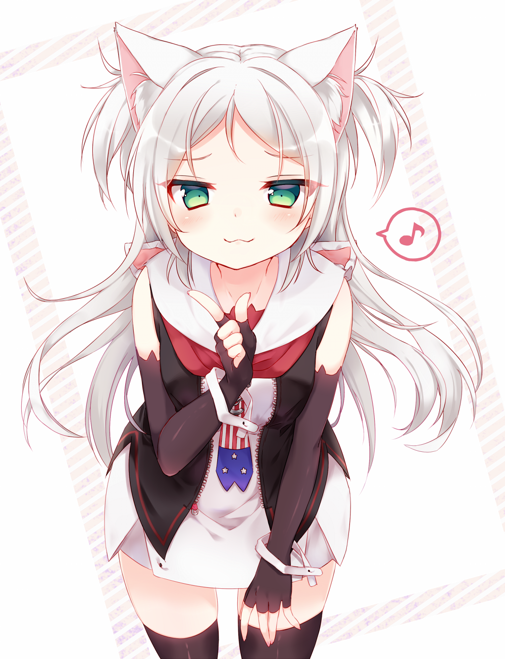 1girl :3 american_flag animal_ears azur_lane black_gloves black_legwear blush cat_ears elbow_gloves fingerless_gloves gloves green_eyes highres index_finger_raised jacket kida_mochi long_hair looking_at_viewer musical_note neckerchief sims_(azur_lane) sleeveless_jacket solo spoken_musical_note thigh-highs unzipped white_hair zipper