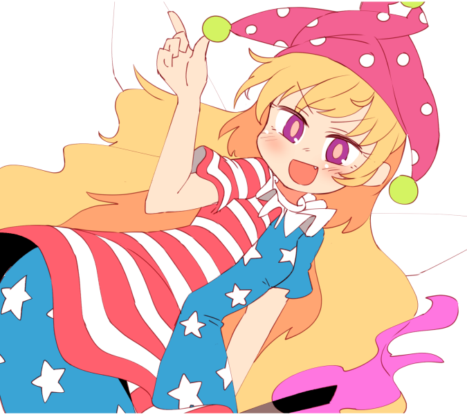 1girl american_flag_dress american_flag_legwear blonde_hair clownpiece dress fairy_wings fang hat index_finger_raised ini_(inunabe00) jester_cap long_hair looking_at_viewer neck_ruff open_mouth pantyhose polka_dot short_dress short_sleeves simple_background smile solo star star_print striped torch touhou very_long_hair violet_eyes wavy_hair white_background wings