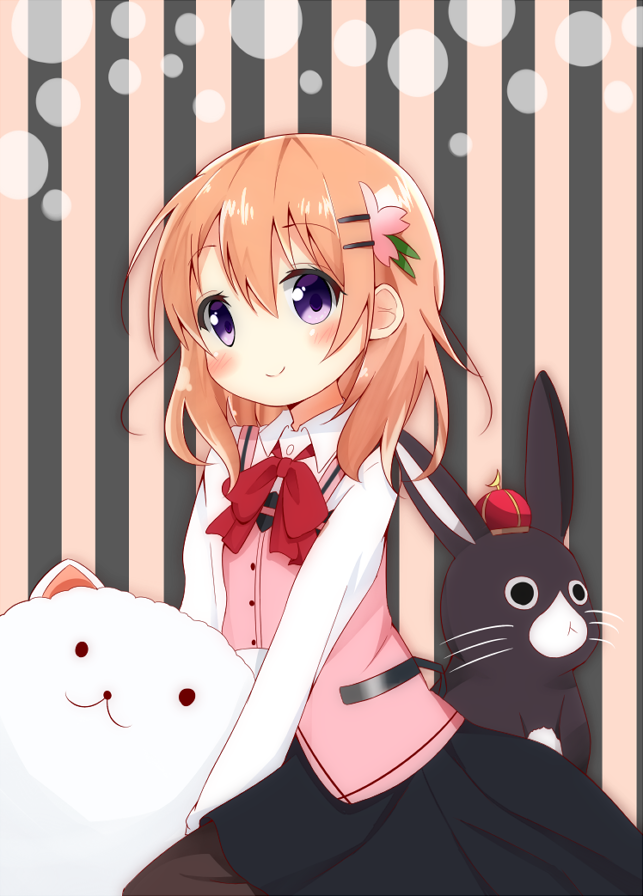 1girl :d angora_rabbit animal anko_(gochiusa) bangs black_legwear black_skirt blush bow bowtie buttons closed_mouth collared_shirt commentary_request crescent crown eyebrows_visible_through_hair flat_chest gochuumon_wa_usagi_desu_ka? hair_between_eyes hair_ornament hairclip hoto_cocoa long_hair long_sleeves looking_at_viewer mini_crown nagomi_yayado open_mouth orange_hair pantyhose pink_vest rabbit rabbit_house_uniform red_neckwear shirt skirt smile striped tippy_(gochiusa) two-tone_background vertical-striped_background vertical_stripes violet_eyes white_shirt wing_collar