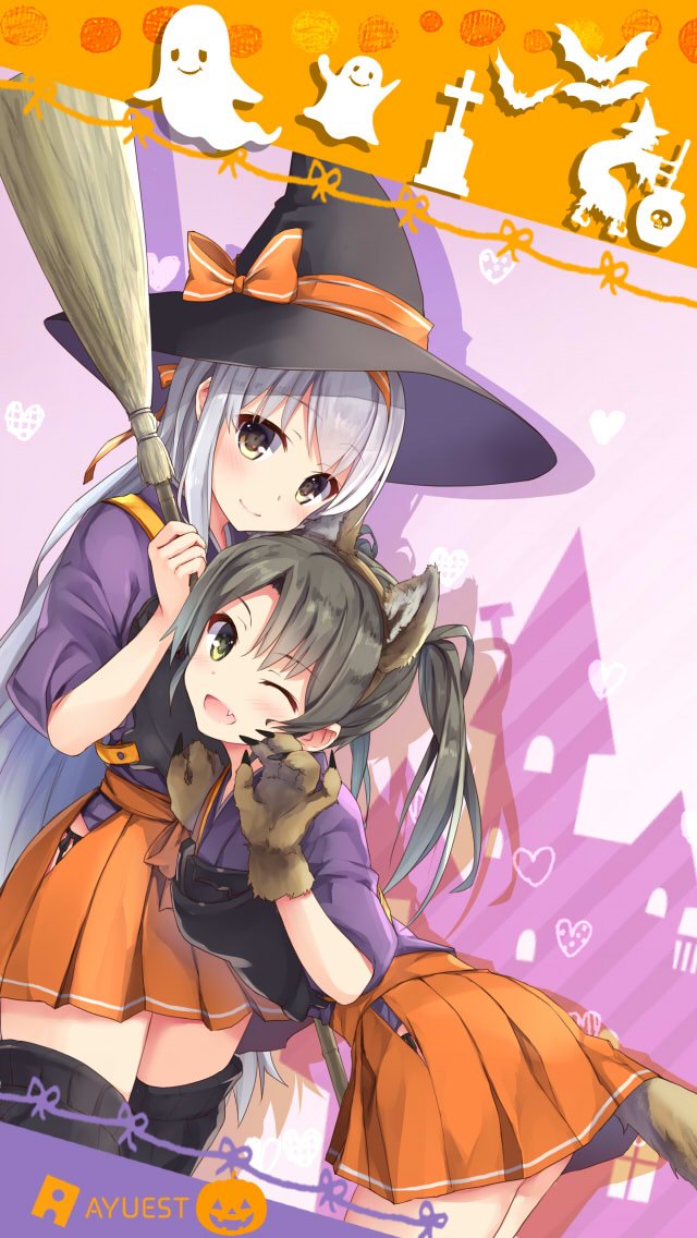 2girls ;d animal_ears bankoku_ayuya boots broom commentary_request ghost green_hair hair_ribbon hairband hakama_skirt halloween hat headband hip_vent kantai_collection long_hair multiple_girls muneate one_eye_closed open_mouth orange_skirt paws phone_wallpaper ribbon shoukaku_(kantai_collection) side_ponytail silver_hair skirt smile tail thigh-highs thigh_boots twintails white_hair witch witch_hat zuikaku_(kantai_collection)